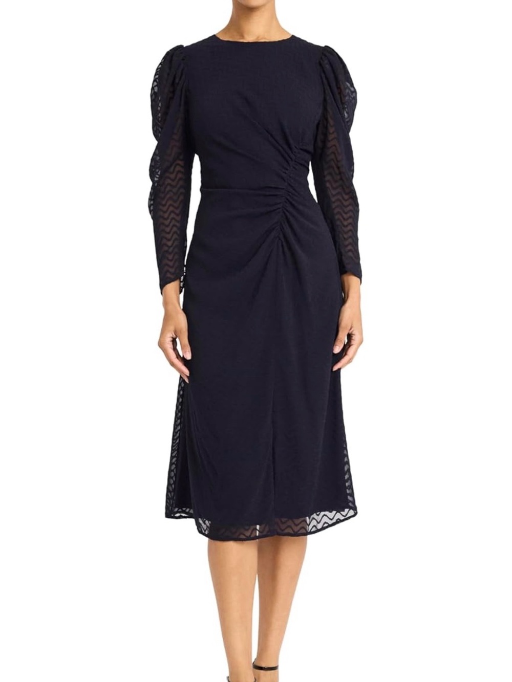 Maggy London Navy Midi Dress with Sheer Chevron Puff Sleeves